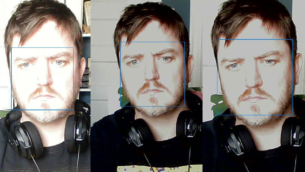 From left to right: The Victure webcam at its default automatic exposure settings; the webcam adjusted with Window’s built-in brightness sliders; the webcam adjusted with brightness and contrast sliders.