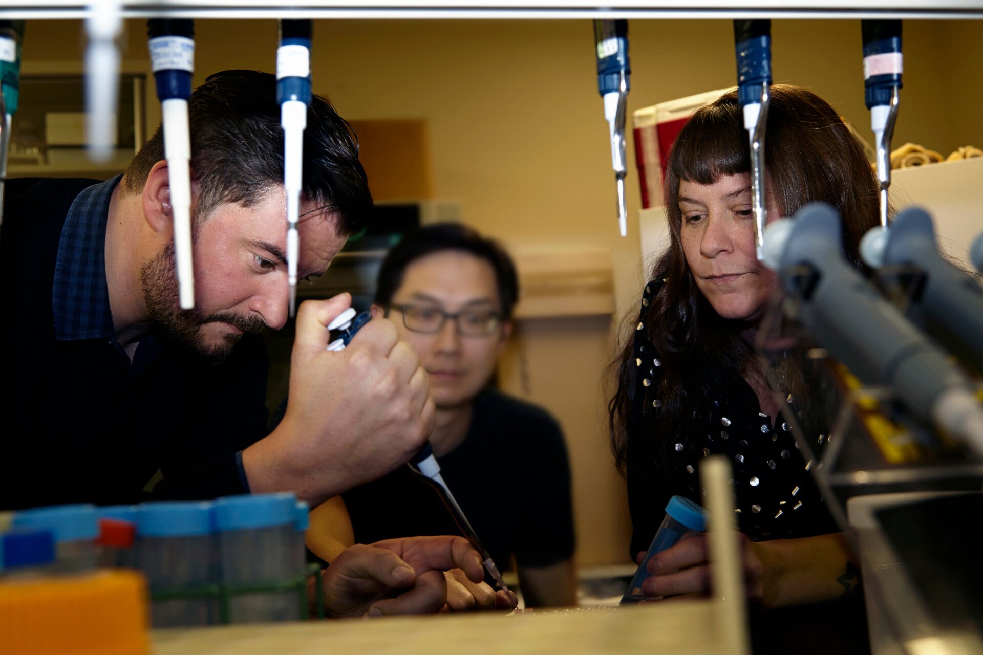 Study authors Felix Grewe and Corrie Moreau working in the Field Museum’s Pritzker DNA Lab.
