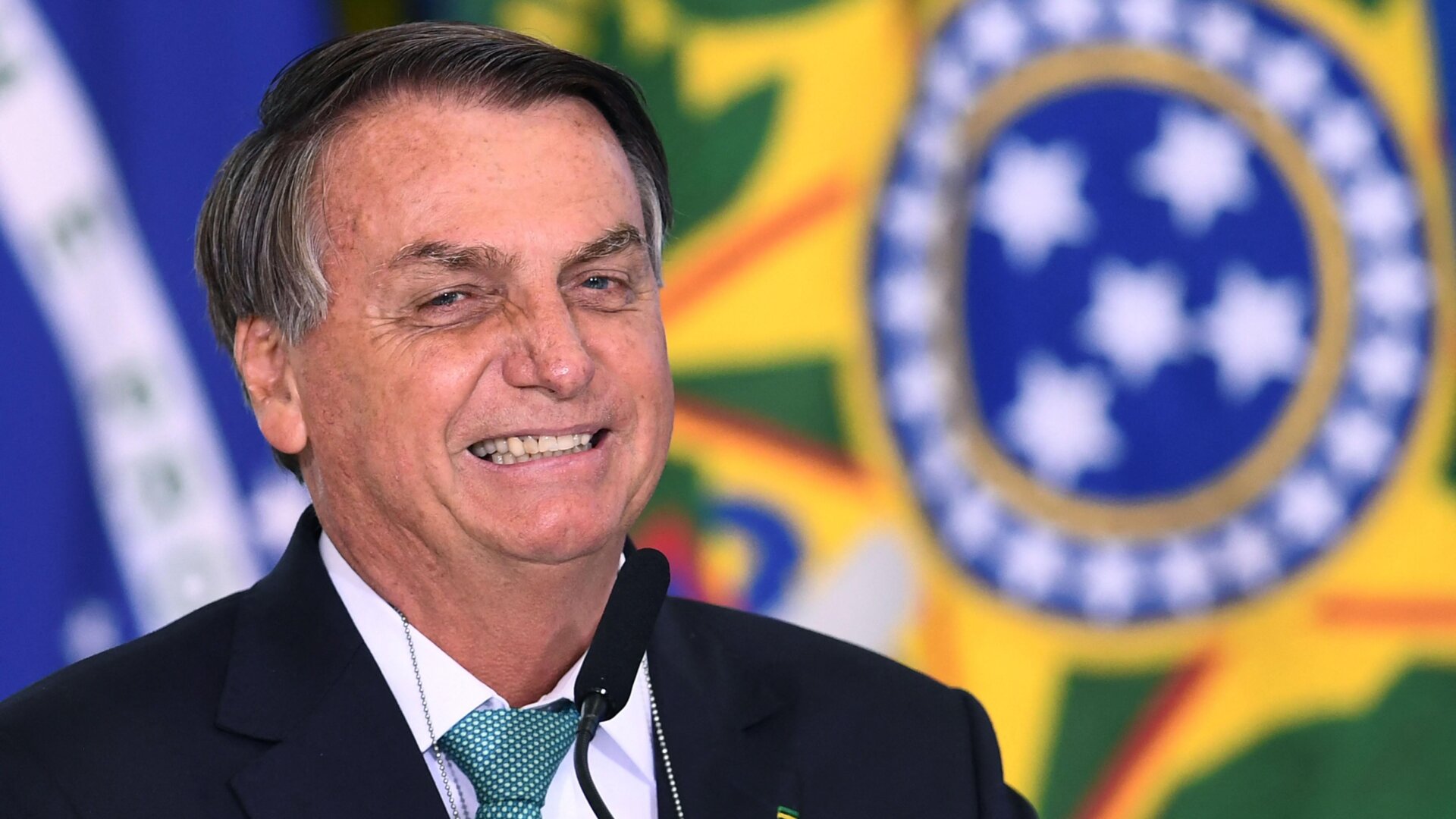 Brazilian President Jair Bolsonaro speaking at the Planalto Palace in Brasilia following the announcement Brazil’s Olympic team will be sponsored by the Caixa Economica Federal state bank on June 1, 2021.