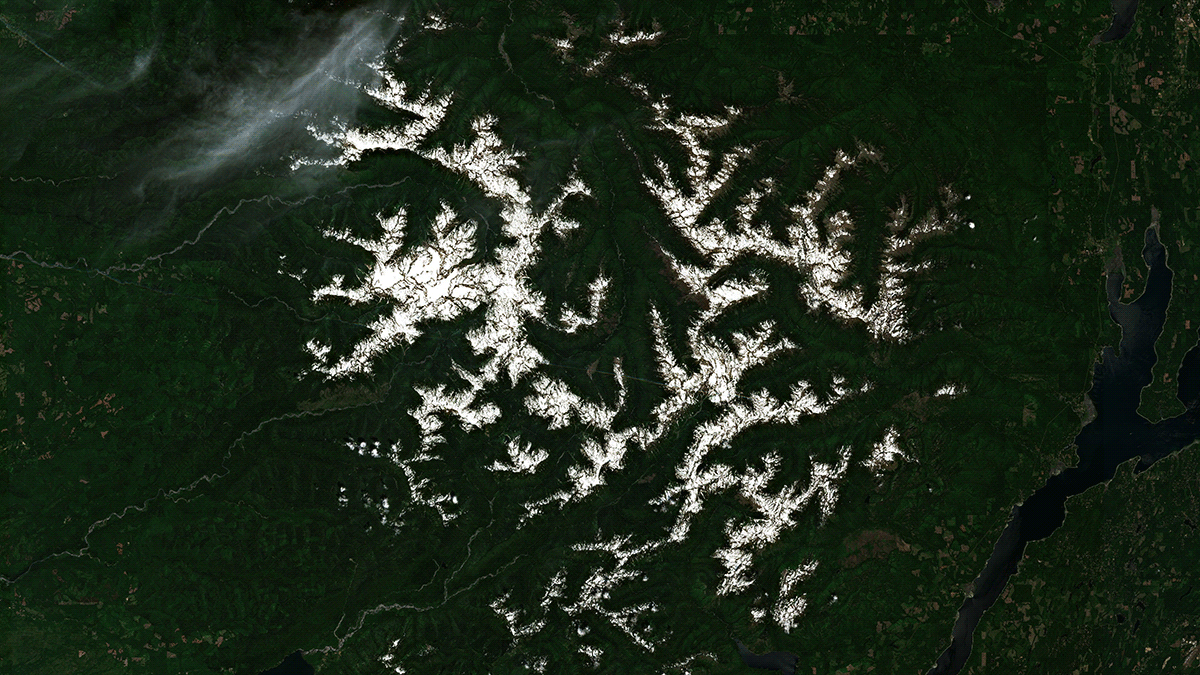A satellite composite showing the Olympic Mountains on June 29, 2021 and July 14, 2021. 