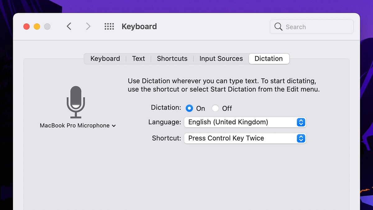 Dictation options in macOS.