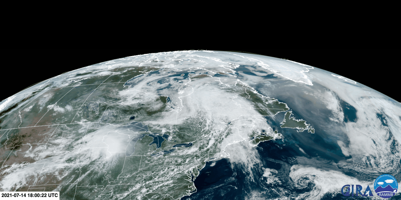 A satellite image of the North America and Greenland. Clouds are white while the blue-gray smoke is clearly visible in the righthand side of the image circulating near Greenland and Newfoundland.