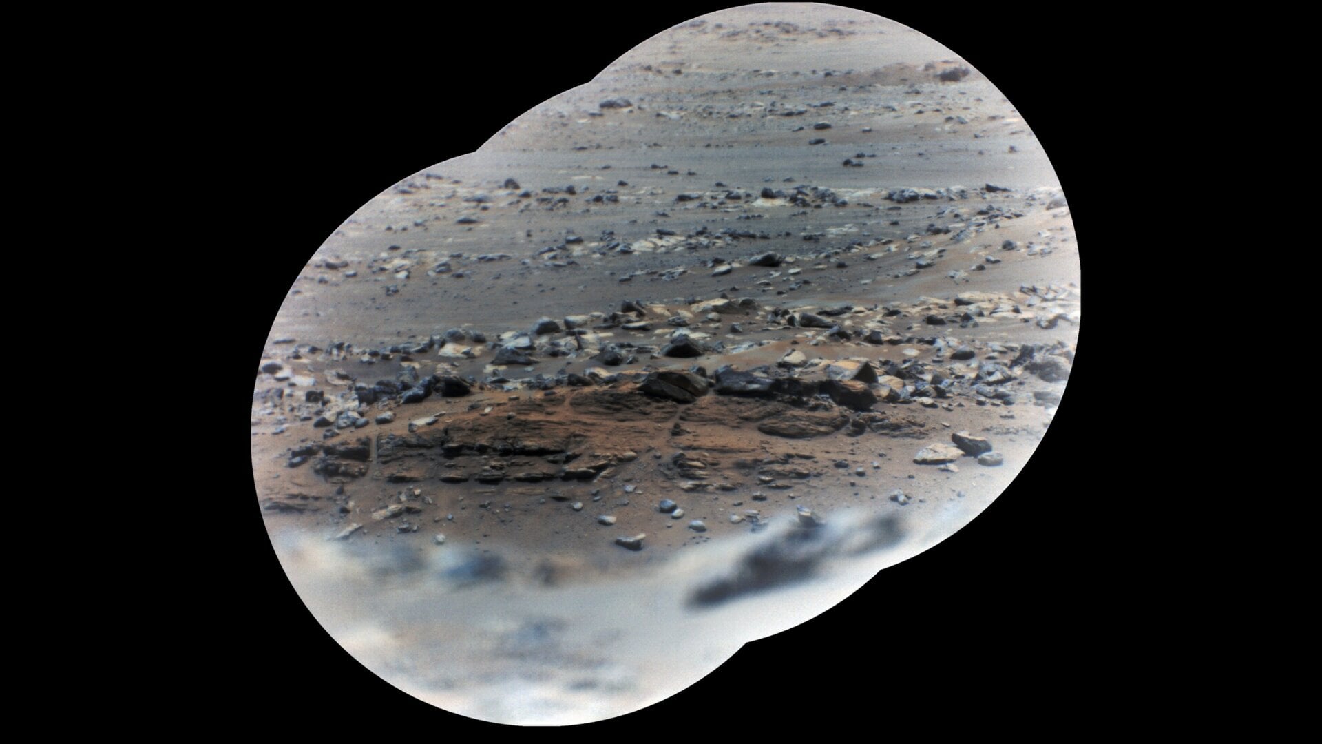 A image mosaic of the intriguing “Artuby” rock outcrop for seeking out biosignatures, taken by Perseverance’s Remote Microscopic Imager on June 17, 2021.