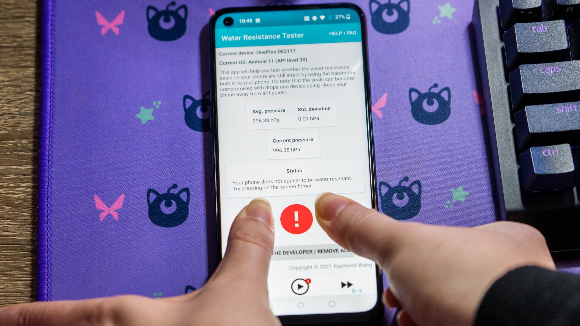 I have modeled my thumbs here to show you how to apply pressure to the water-resistance testing apps. 