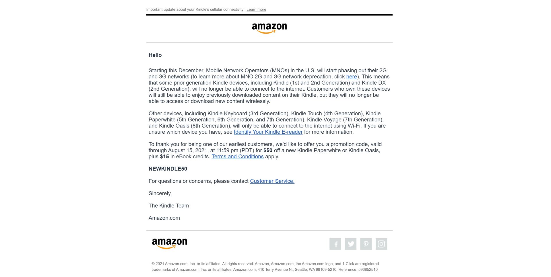 Here’s a screenshot of the email Amazon is sending out to older Kindle owners. 