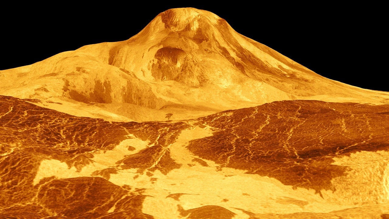 A 1991 simulated-color radar image of Maat Mons, a Venusian volcano, taken by the Magellan spacecraft.