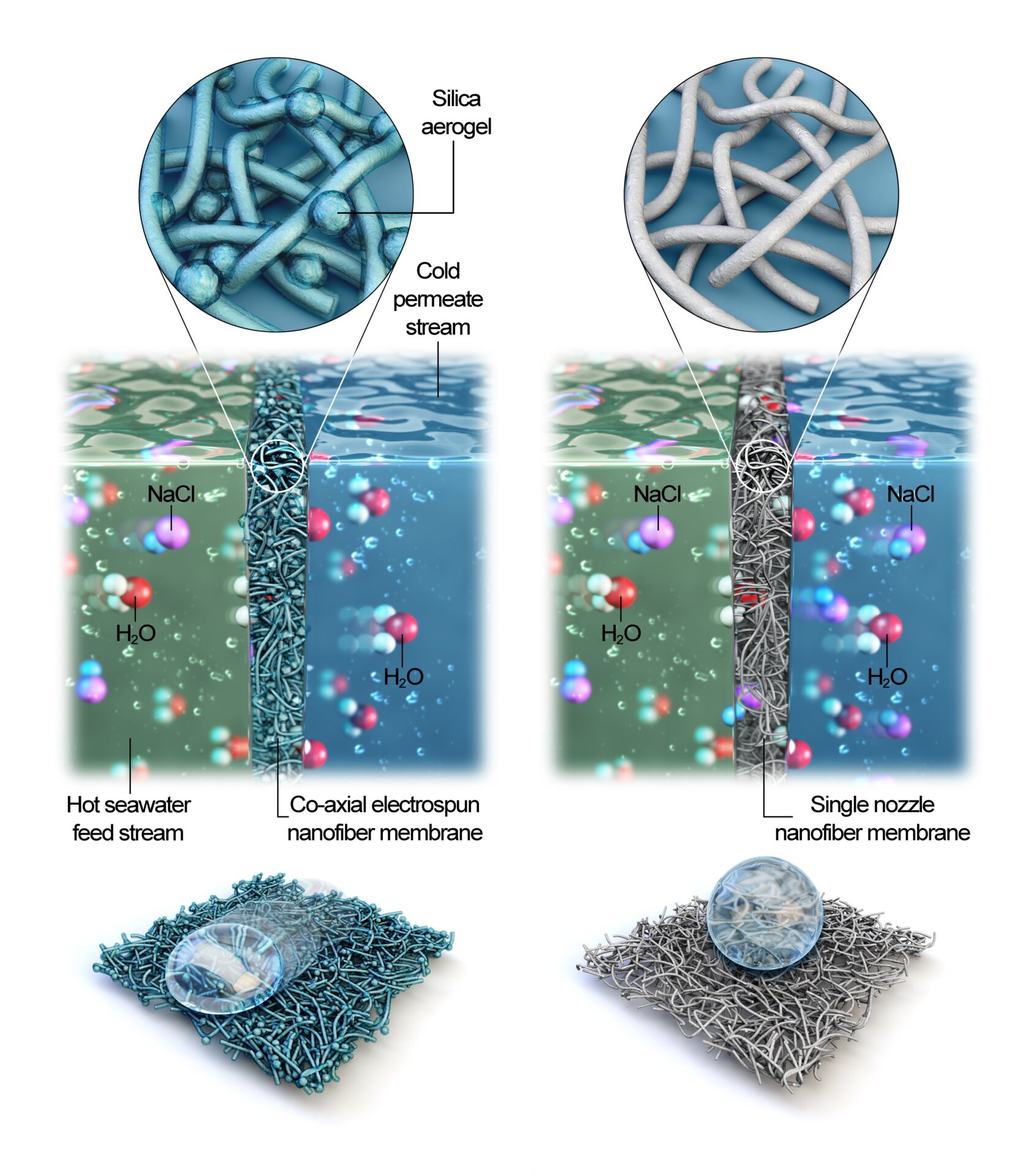 A visualization of how the new membrane (left) allows less salt to pass than simpler membranes (right).