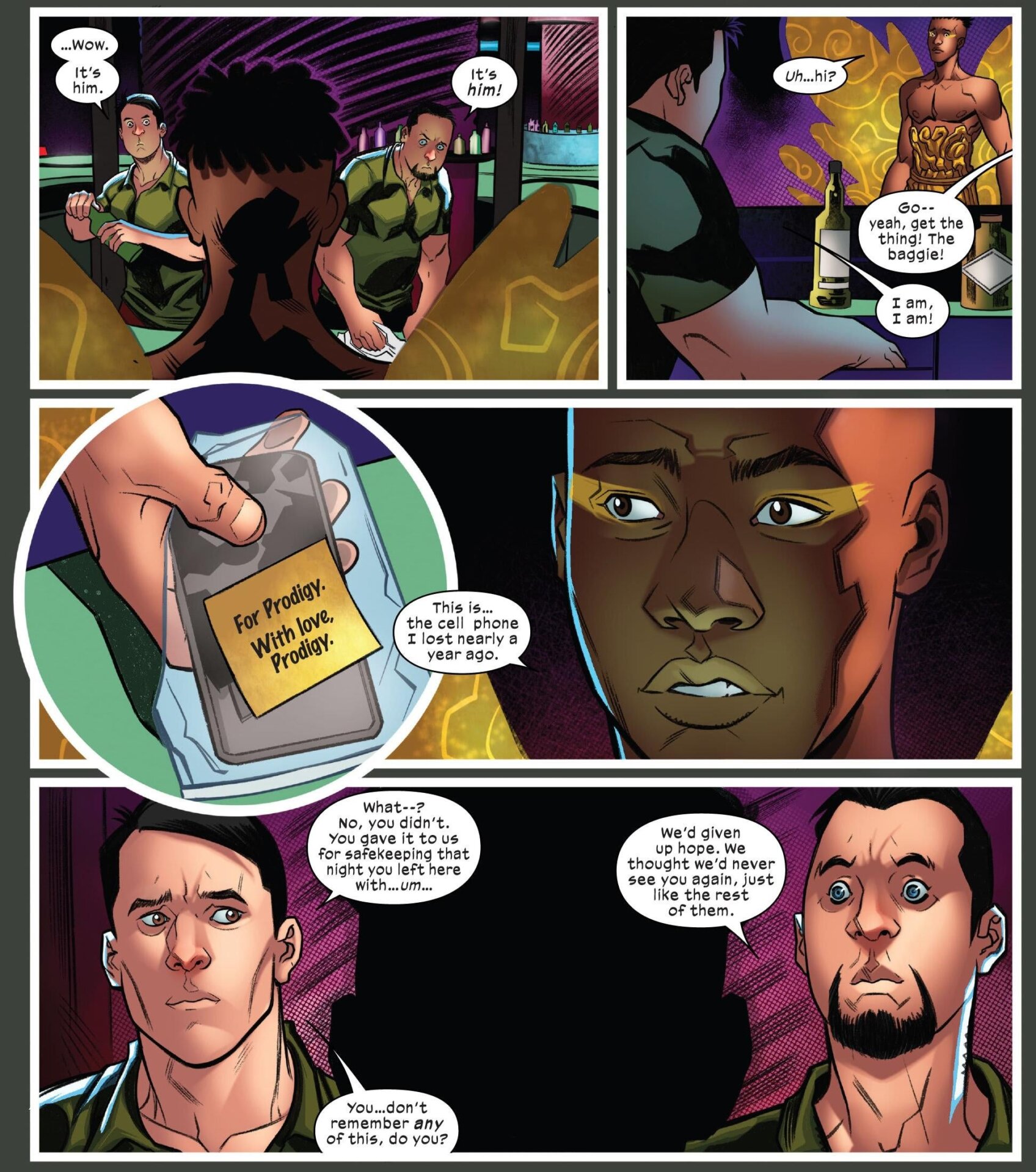 Two bartenders recognizing Prodigy.