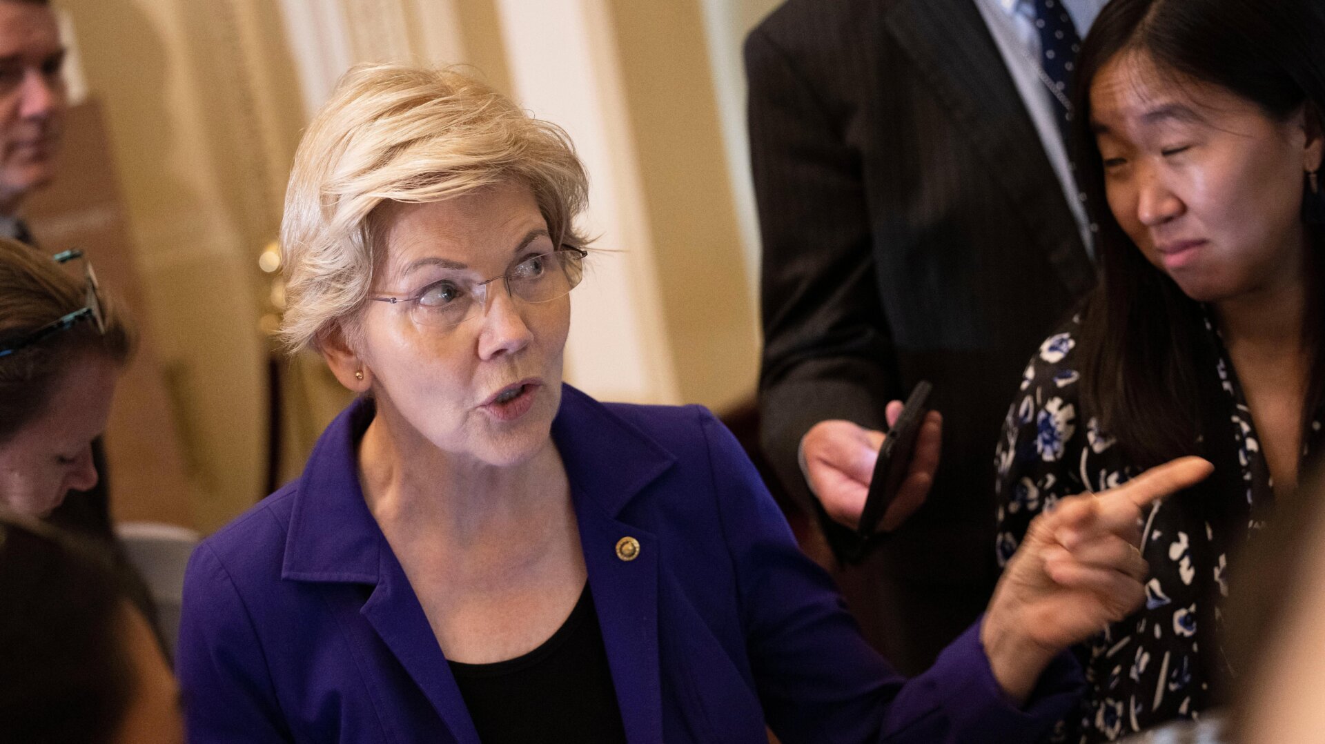 U.S. Sen. Elizabeth Warren (D-MA) talks to members of the media at the U.S. Capitol Building on June 15, 2021 in Washington, DC.