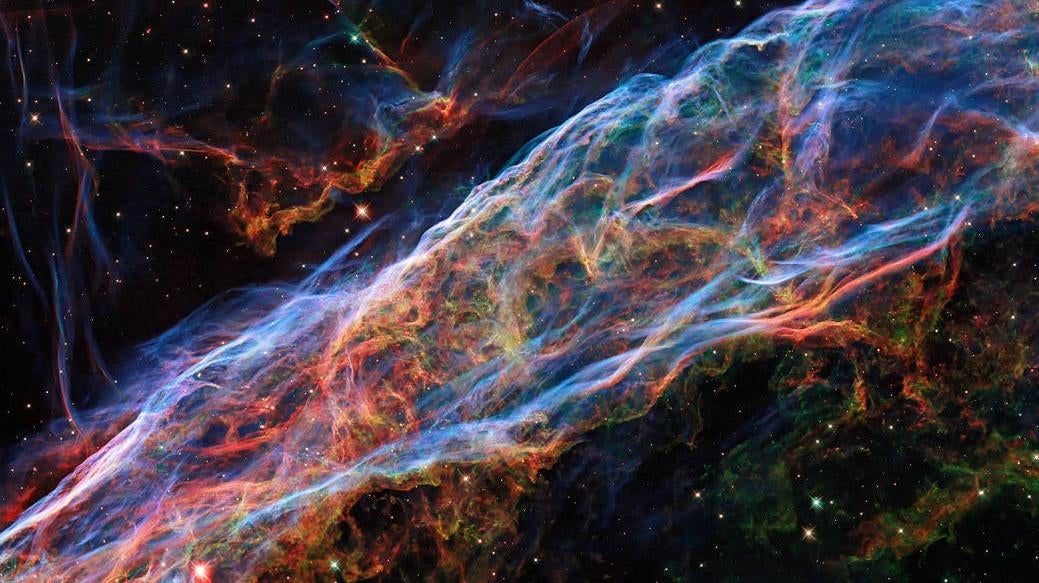 A positively gnarly view of the Veil Nebula, imaged using five different filters on Hubble’s Wide Field Camera 3.