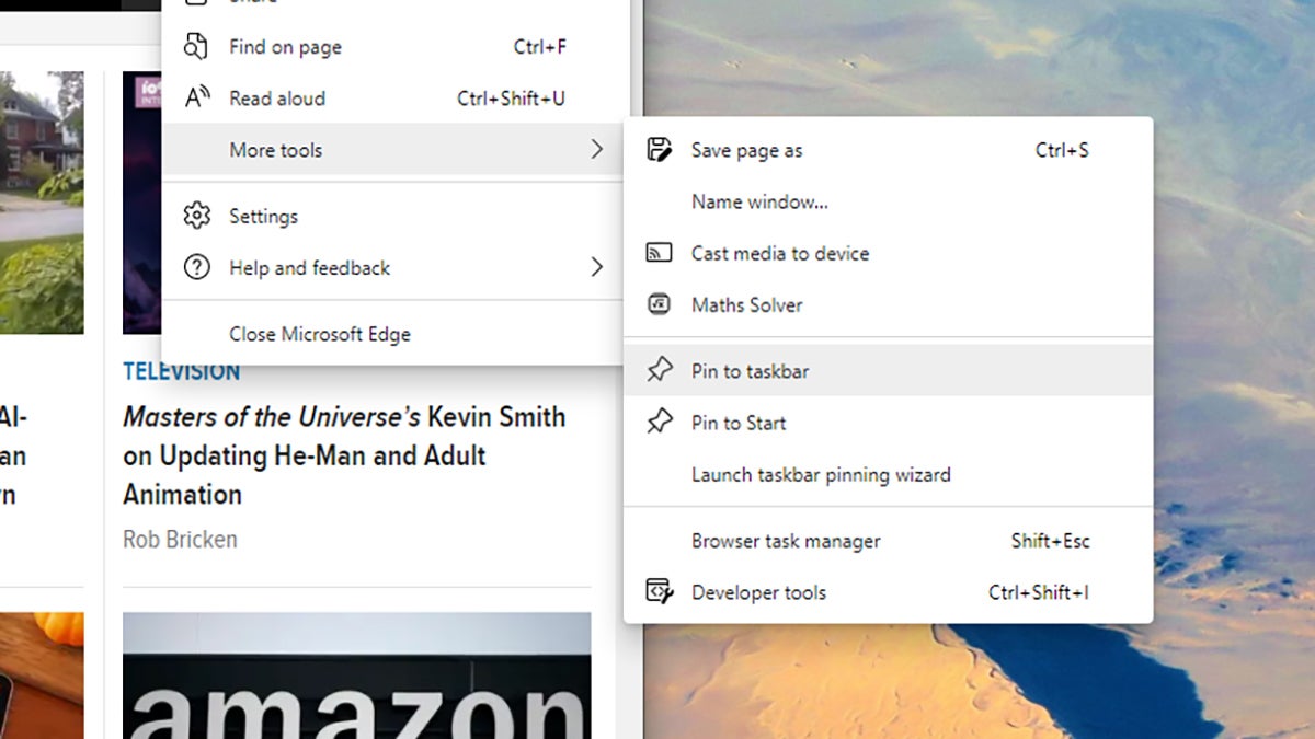 Pinning websites in Microsoft Edge.