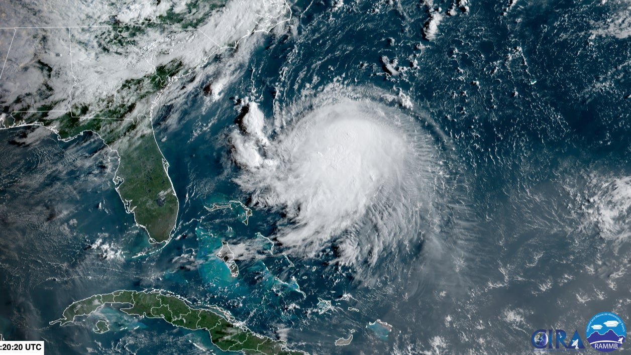 A satellite view of Tropical Storm Henri strengthening in the Atlantic.