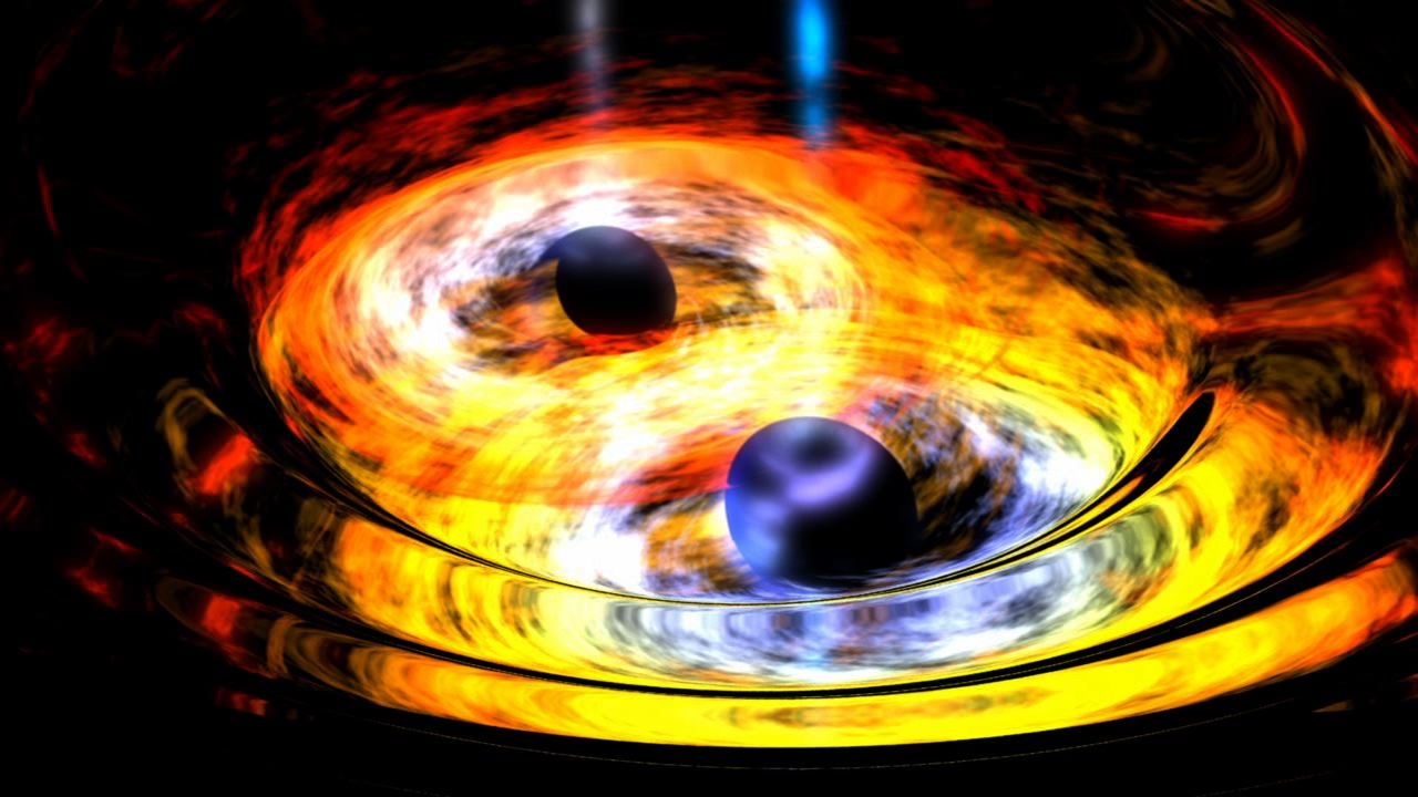 An artist’s depiction of black holes on a collision course.