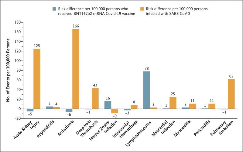 A graph of the risk of various adverse events among the infected and vaccinated. 