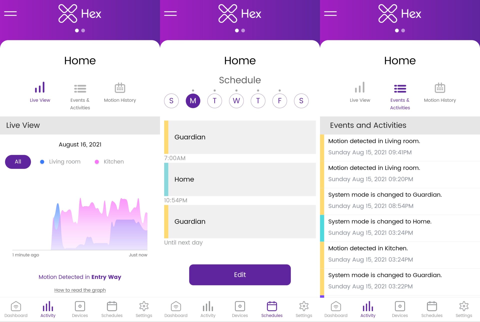 The Hex app is fairly robust for a first-gen product. From left to right: the live view graph as people were moving within my home; the scheduling panel for setting up different modes throughout the day; the events and activities panel for checking in on the system. 