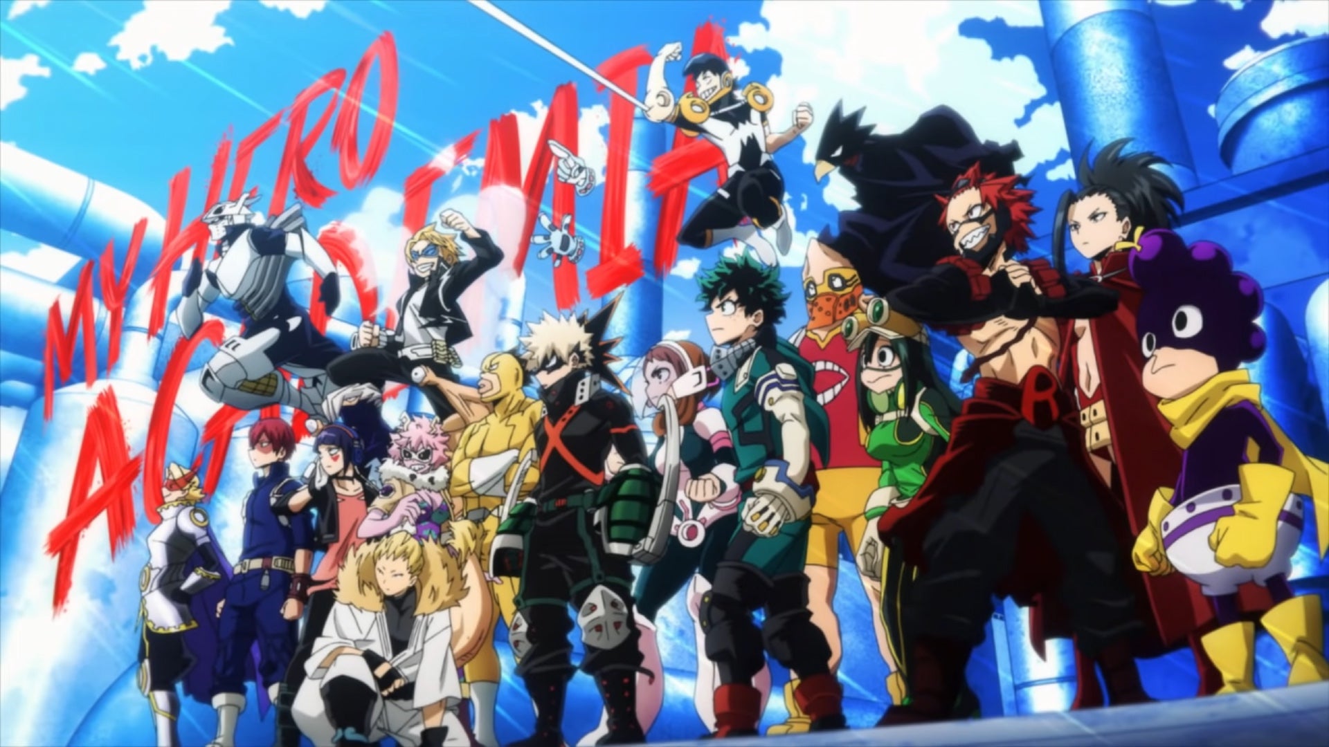 The teen heroes of Class 1-A as they appear in the first opening for the fifth season of My Hero Academia.