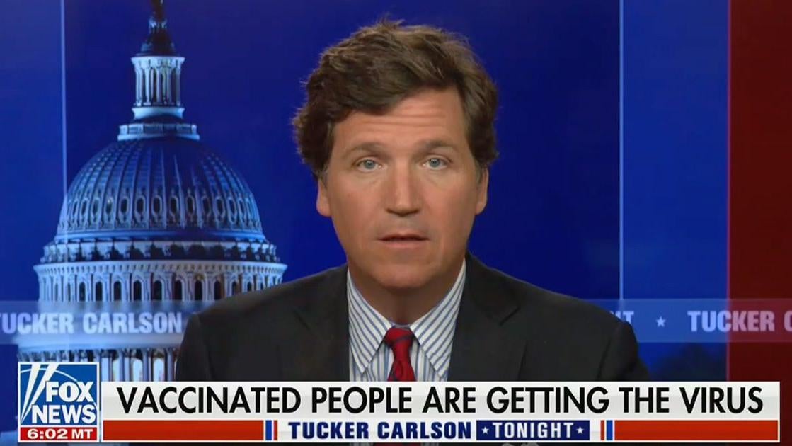 A screenshot of one of Tucker Carlson’s many insipid segments about coronavirus vaccines.