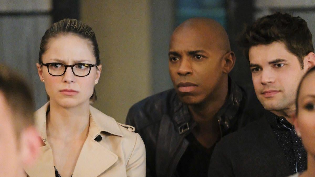 Supergirl (Melissa Benoist), James Olsen (Mehcad Brooks), and Winn Schott (Jeremy Jordan) look skeptical.