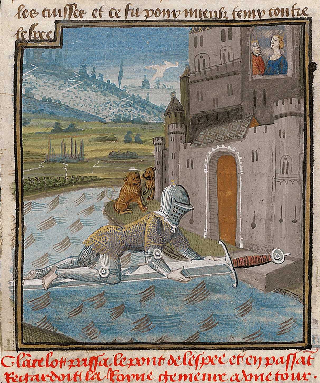 Sir Lancelot crosses the sword bridge in this 1475 illustration by Evrard d’Espinques. 