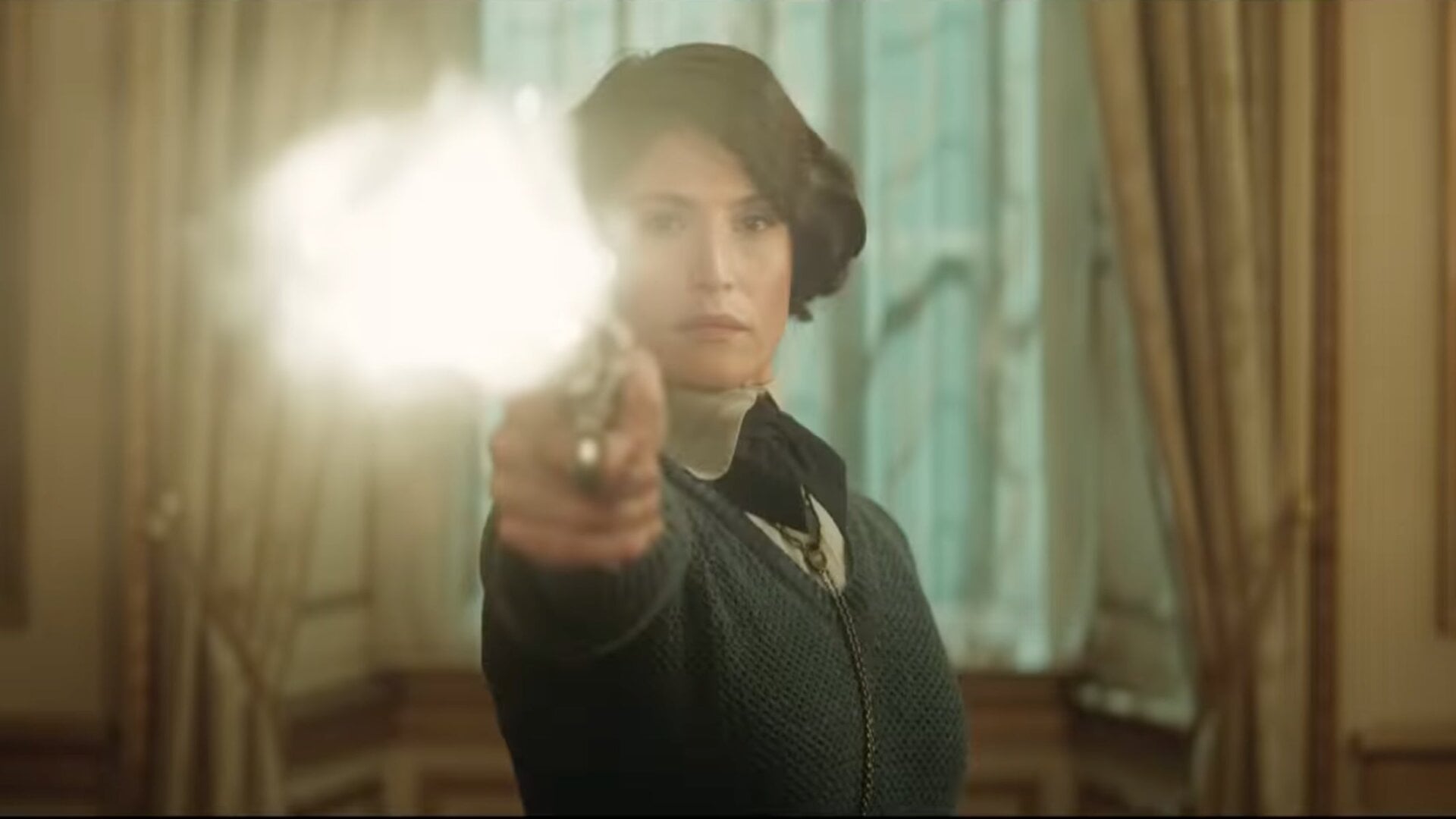 Polly (Gemma Arterton) takes her shot.