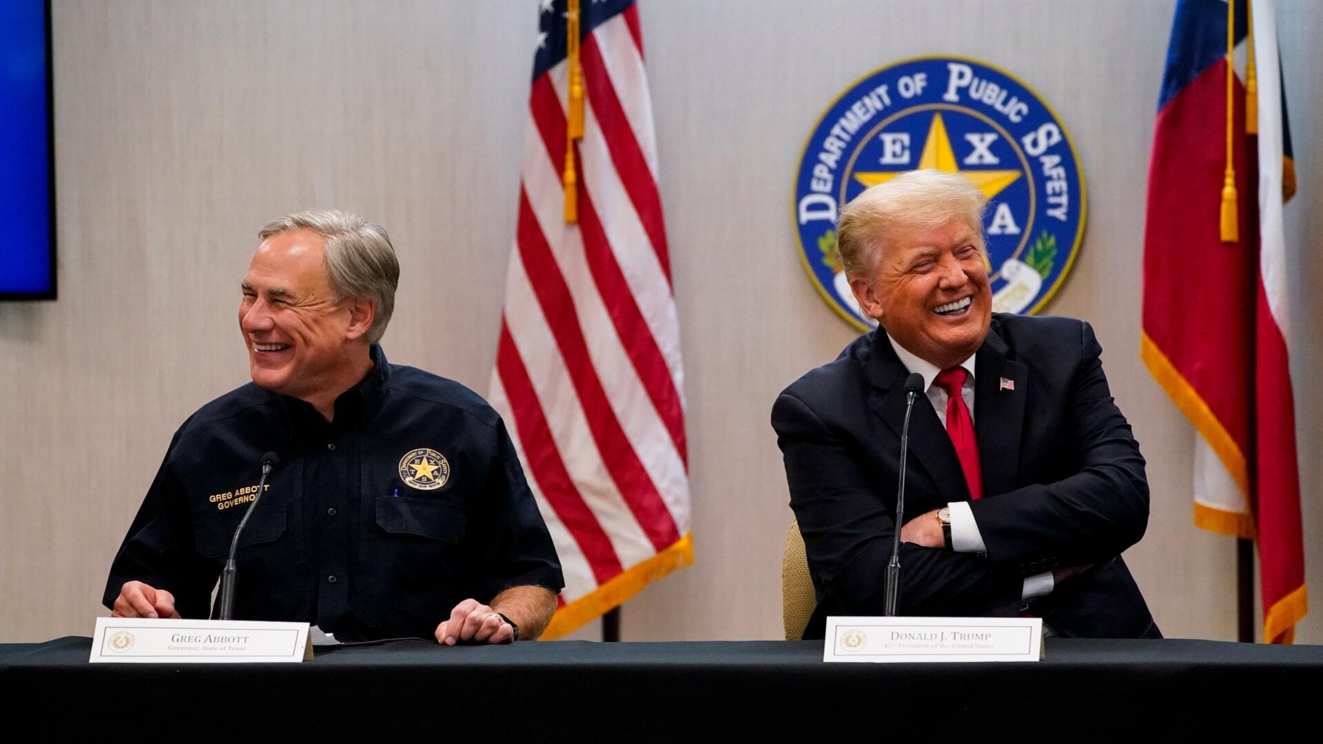 Texas Gov. Greg Abbott and former President Donald Trump on June 30, 2021 in Weslaco, Texas.