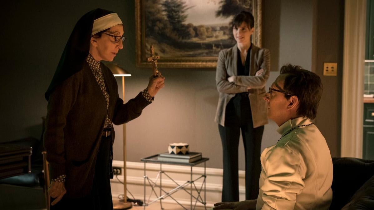 Sister Andrea (Andrea Martin) shows Leland (Michael Emerson) the meaning of fear.