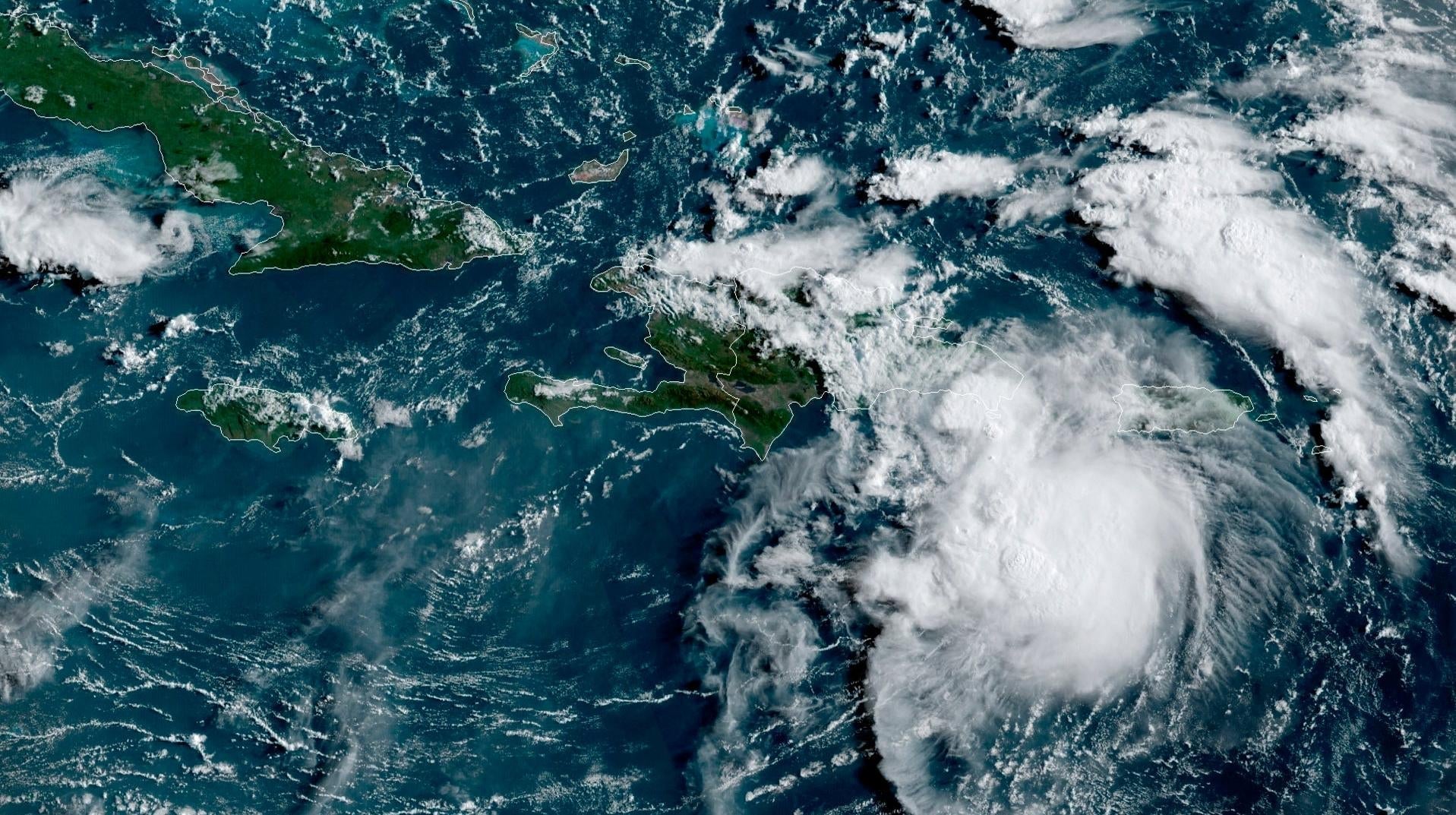 Tropical Storm Fred in the Caribbean as it passes south of Puerto Rico and the Dominican Republic at 8 a.m. EST, Wednesday, Aug. 11, 2021.