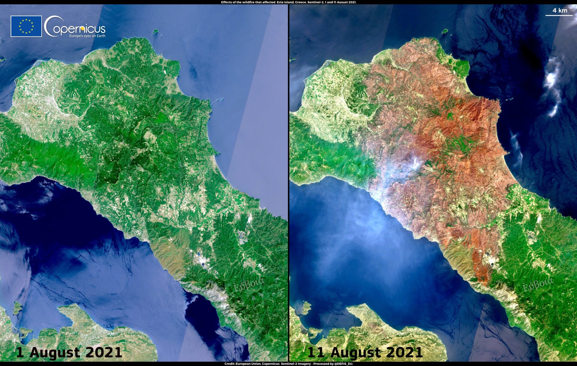 The Greek island of Evia on August 1, before the wildfires began, and August 11, 10 days after.