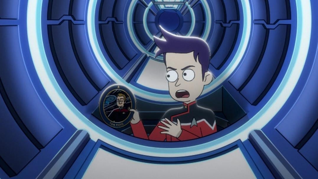 Bradward lectures his plate in a Jeffries Tube about his knowledge of the Cerritos’ innards. As one does.