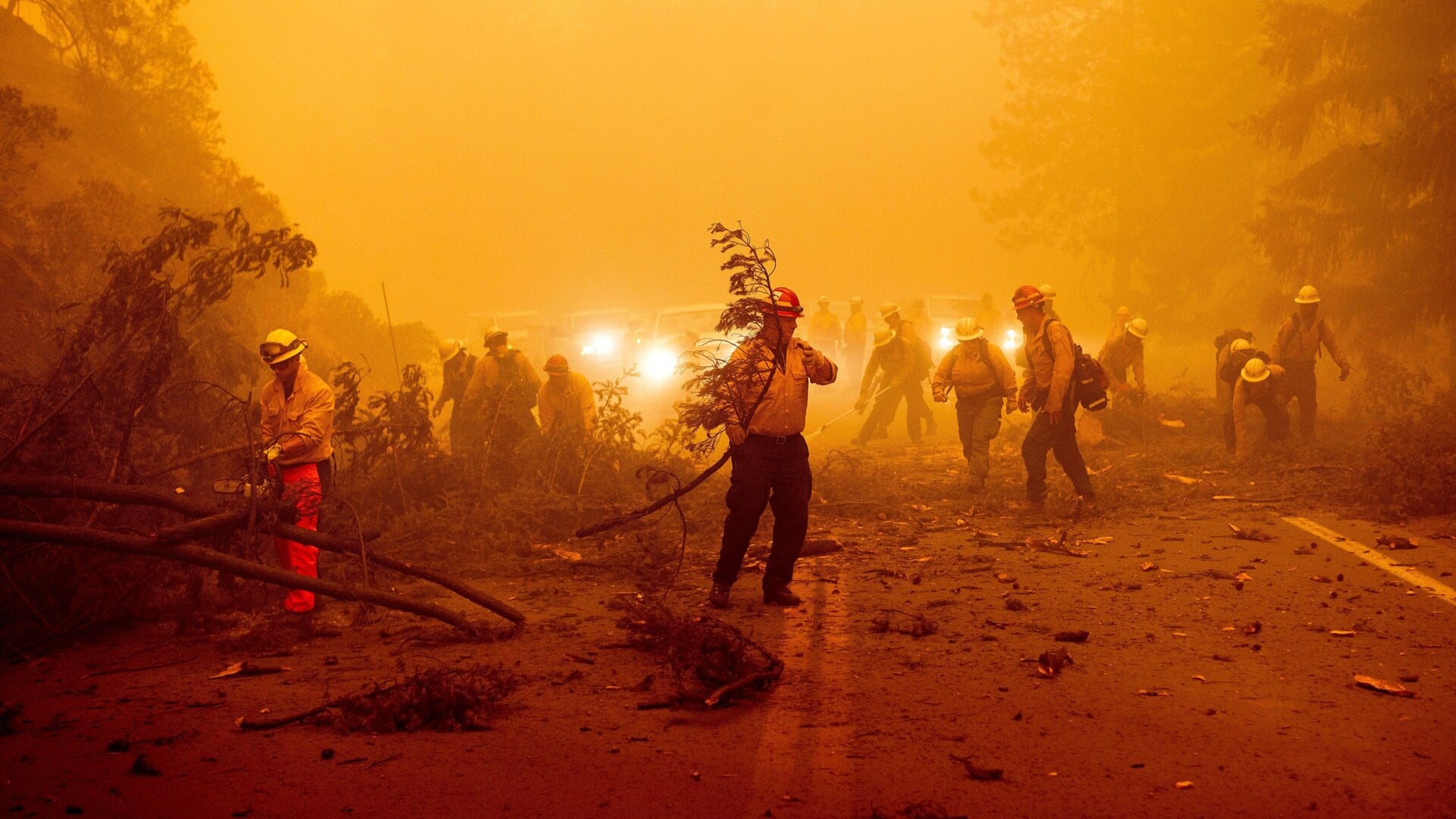 Firefighters battling the Dixie Fire clear Highway 89 after a burned tree fell across the roadway in Plumas County. August 6, 2021