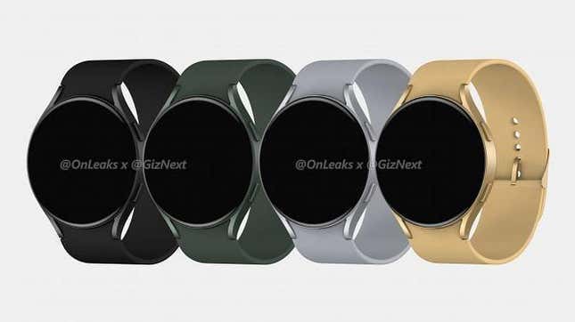 A render of the four purported new Galaxy Watch 4 smartwatches coming through the pipeline.