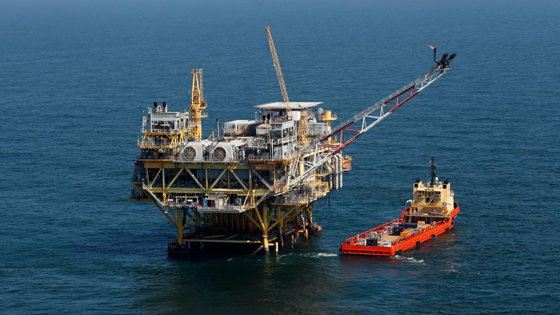 A rig and supply vessel in the Gulf of Mexico, off the coast of Louisiana.
