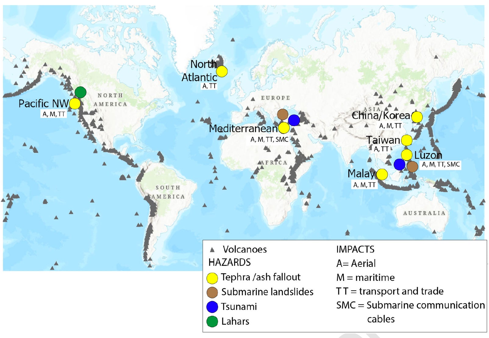 The seven “pinch points” identified in the new study, along with associated hazards and impacts. Lahars is a fancy term for destructive mudslides. 