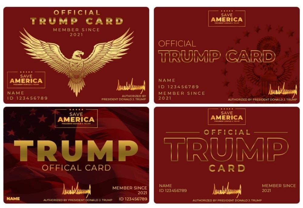 Save America PAC’s “Trump cards,” complete with an eagle graphic resembling the Reichsadler and a misspelling of the word “official.”