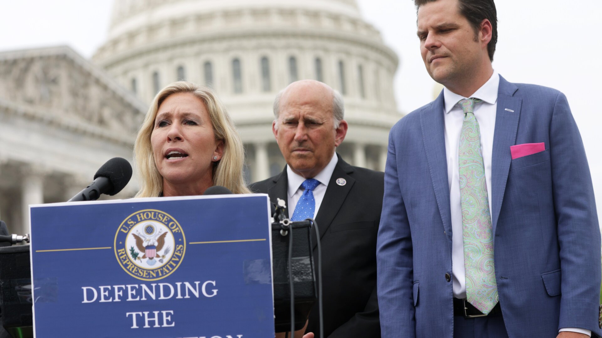 QAnon-loving Representative Marjorie Taylor Greene, left, far-right Representative Louie Gohmert, center, and possible sex trafficking suspect Representative Matt Gaetz, right, at a news conference outside the U.S. Capitol on July 29, 2021.
