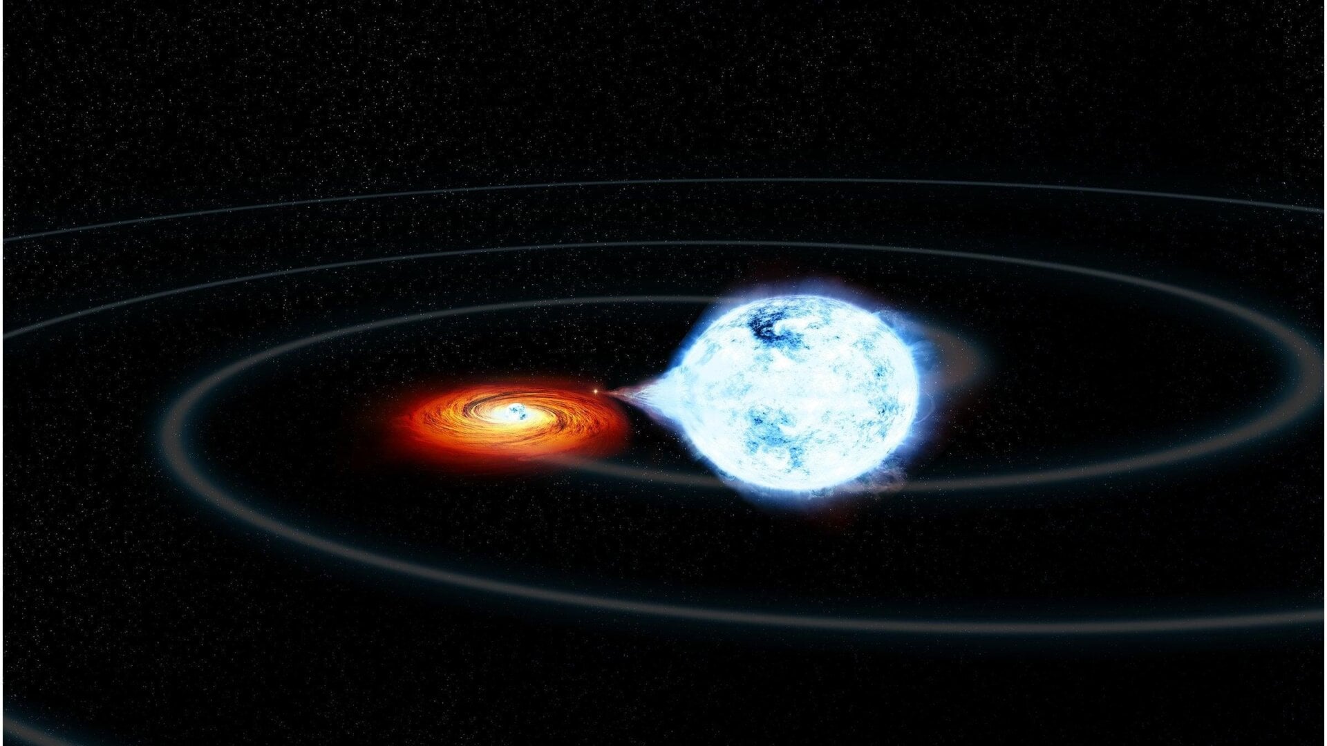 A NASA illustration of one white dwarf in a binary system, bleeding off mass to its partner.