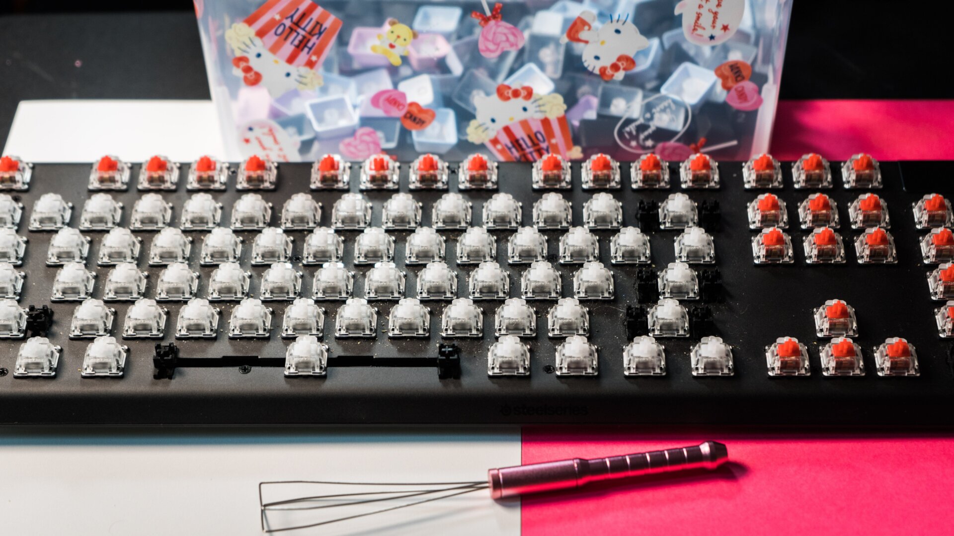 Stripping off the keycaps is the major part of cleaning a mechanical keyboard. But some manufacturers let you take the whole thing apart for a deeper clean. 