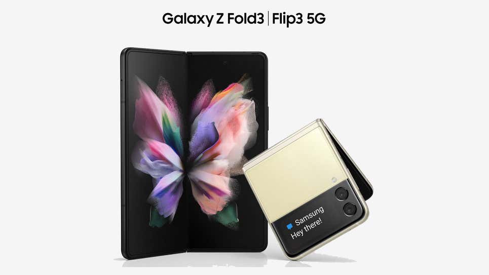 The Galaxy Z Fold 3 (left) and the Galaxy Z Flip 3 (right).