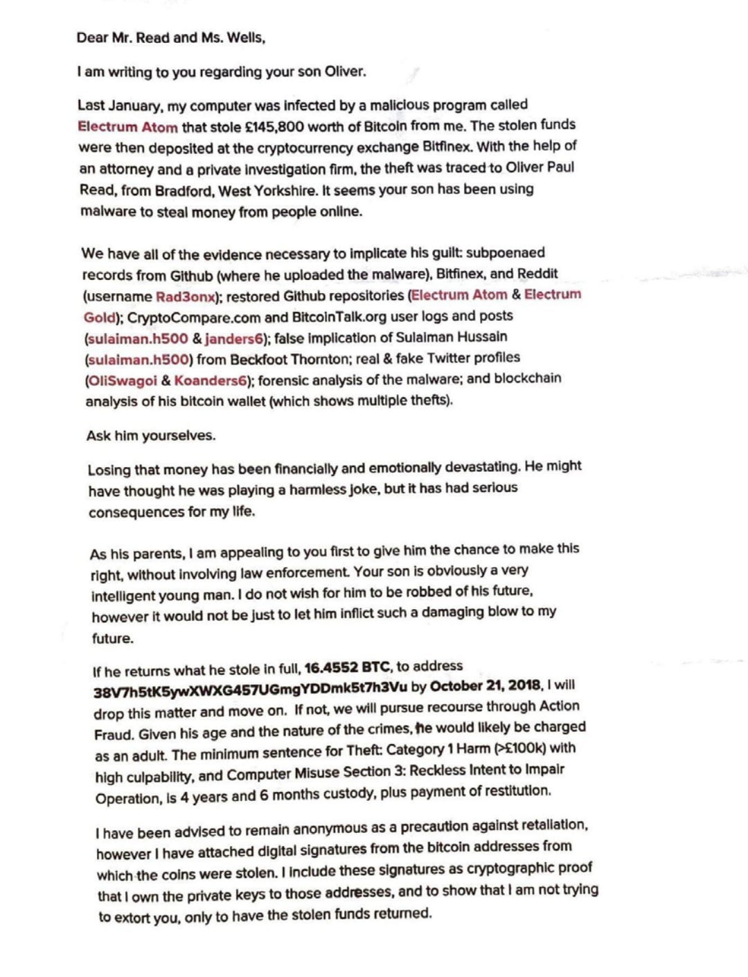 A screenshot of the letter Schober sent the two families. 