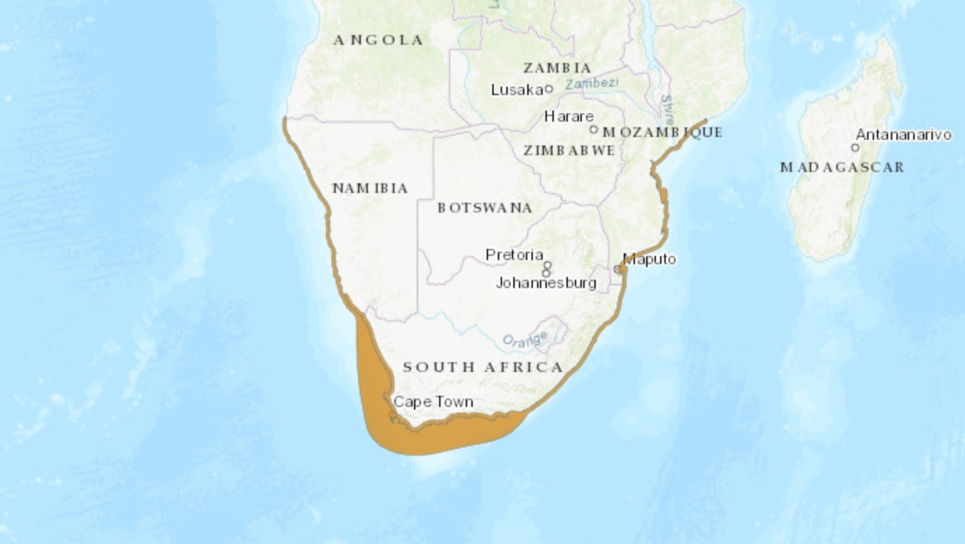 Geographical range of living African penguins. 