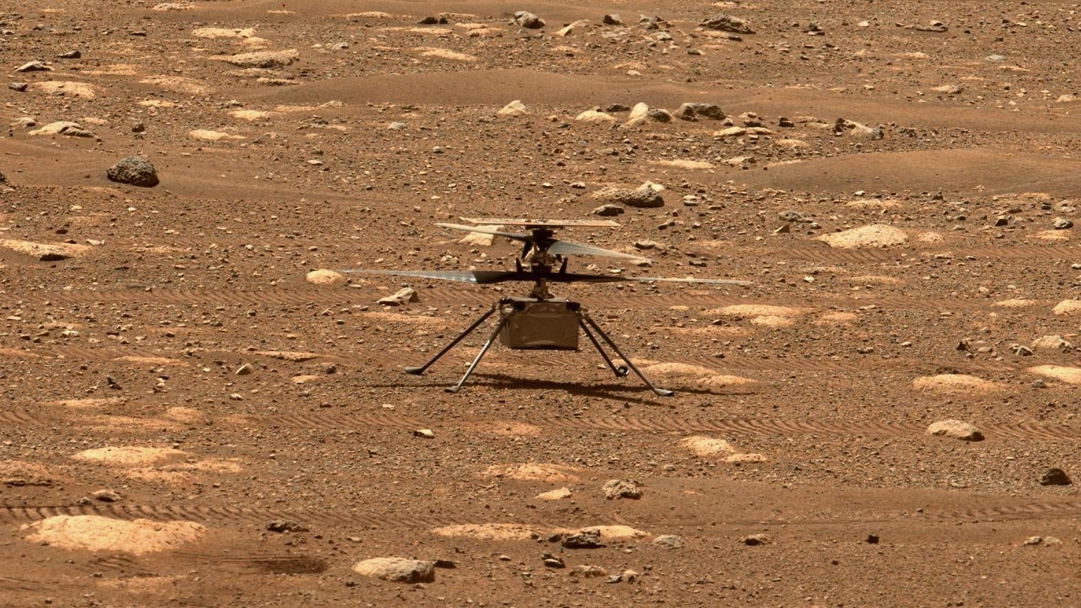Ingenuity on April 8, 2021, imaged by Perseverance’s Mastcam-Z imager.
