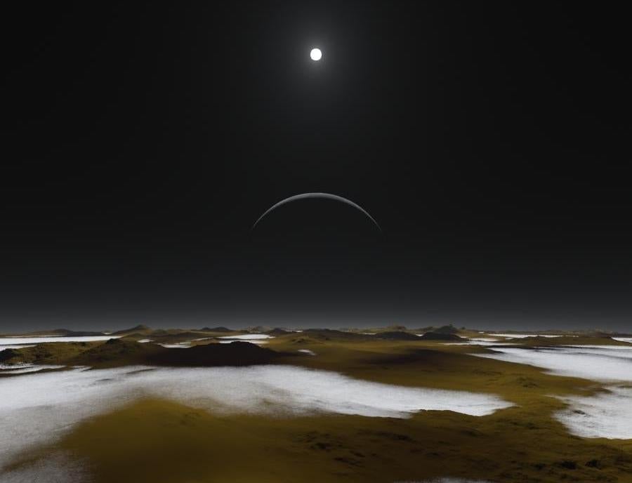 In this artist’s impression, Charon looms over Pluto, with the Sun a distant light.