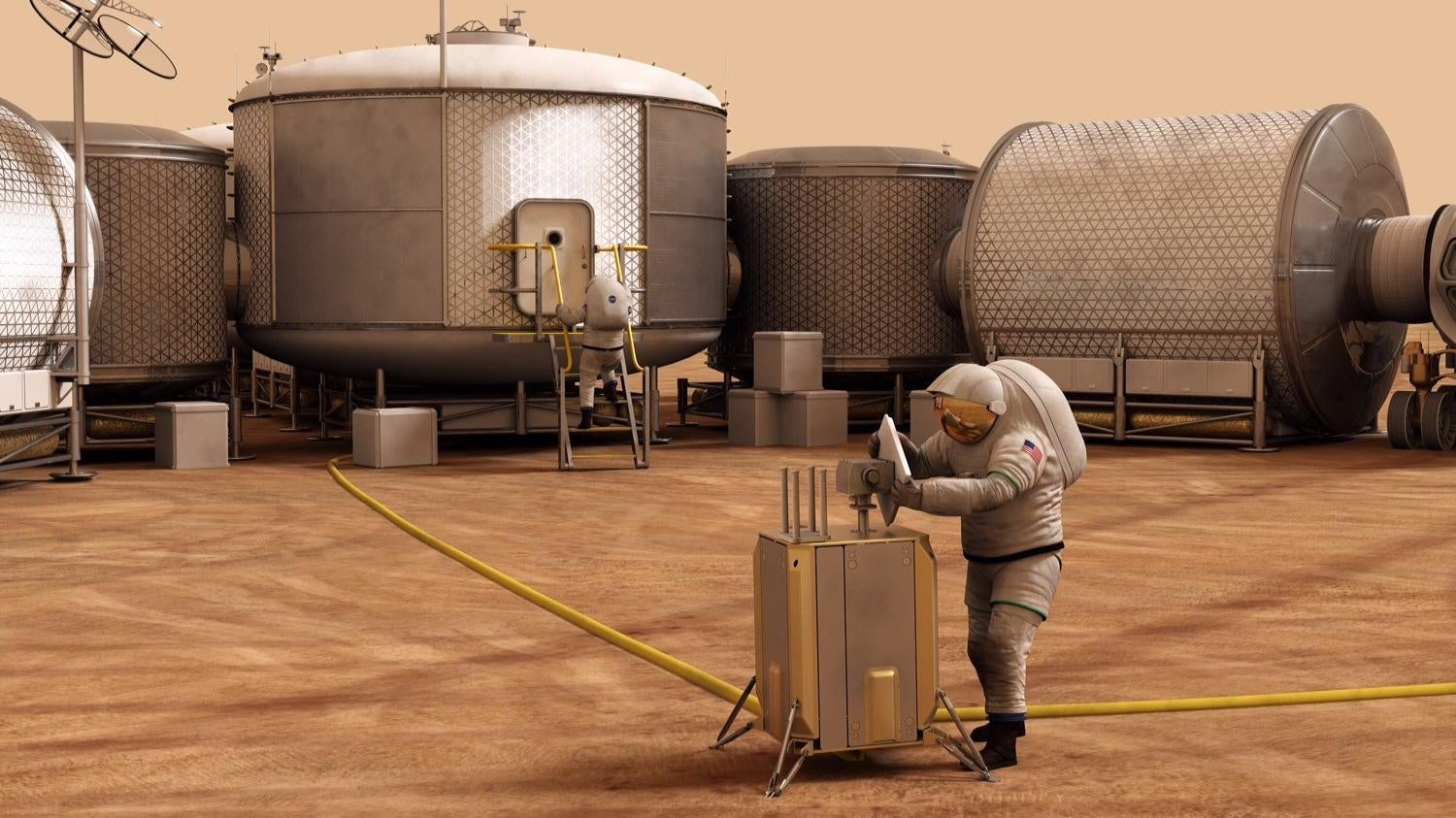 Artist’s conception of a crewed mission to Mars, including habitats on the surface. 