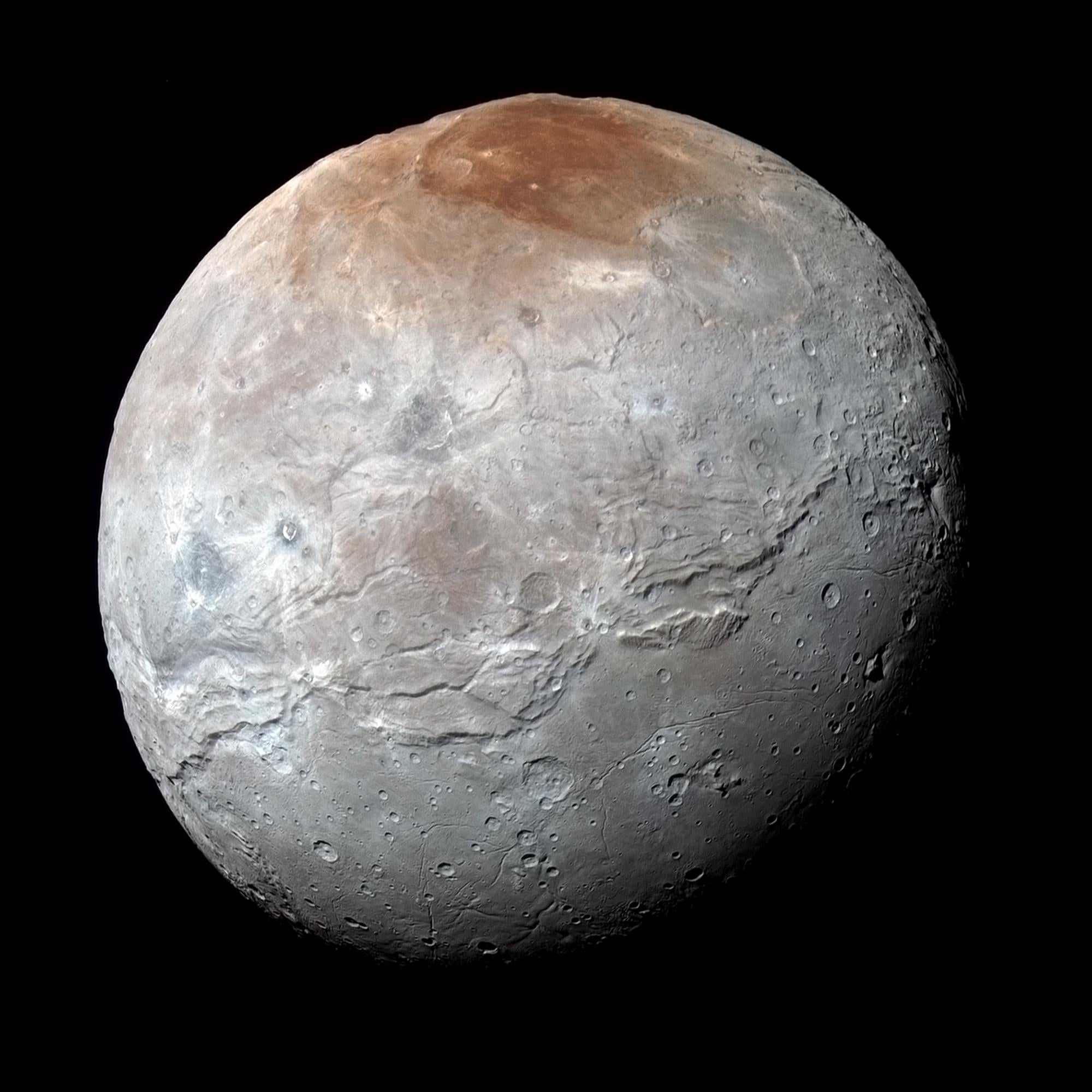 The New Horizons spacecraft captured this enhanced-color view of Pluto’s moon Charon in July 2015.