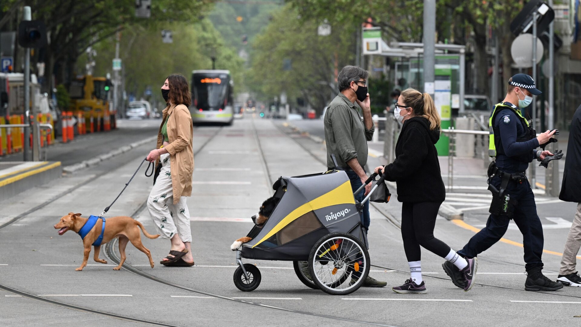 People walk their dogs in Melbourne, Australia on September 30, 2021.