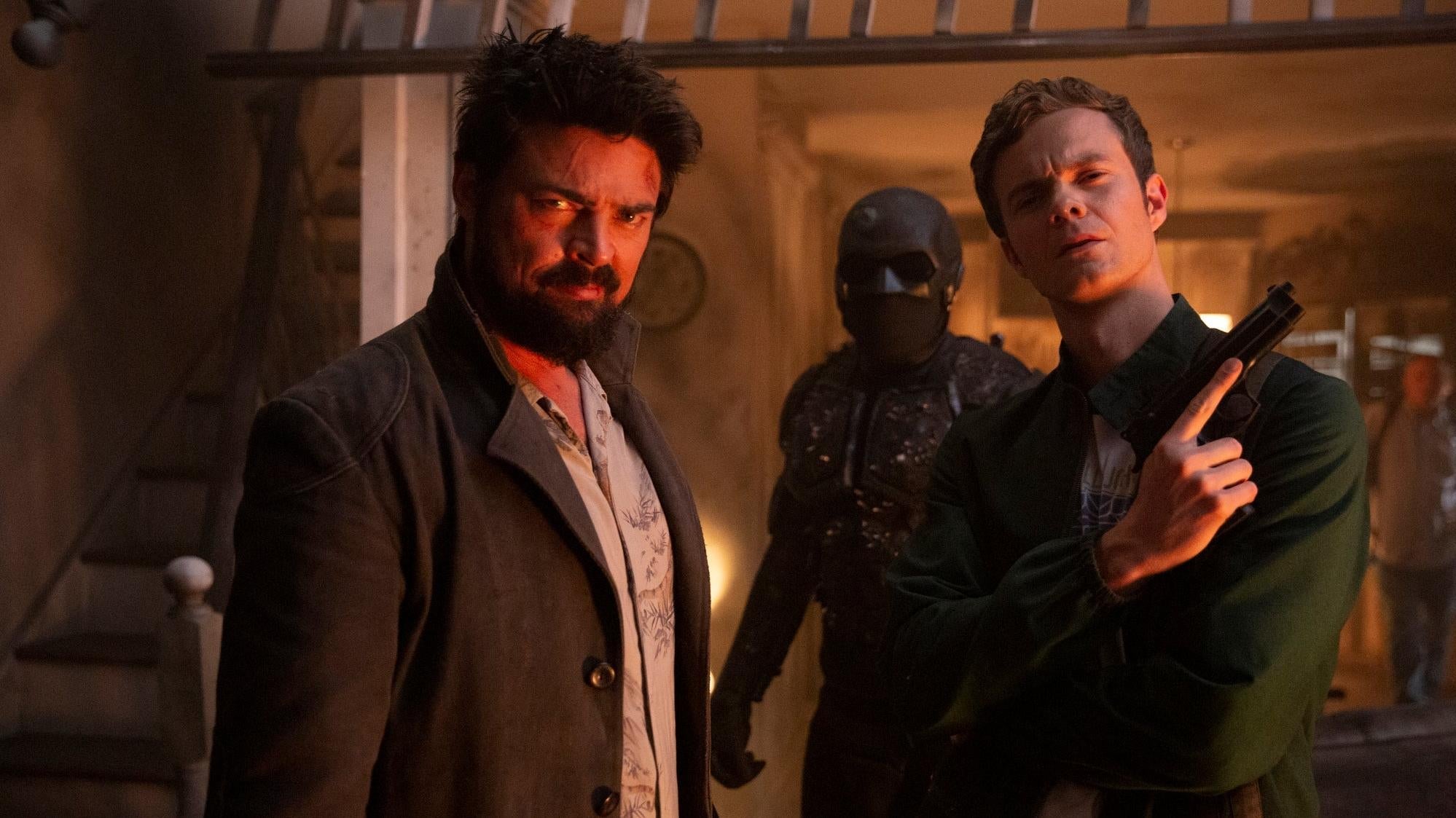 Billy Butcher (Karl Urban), Black Noir (Nathan Mitchell), and Hughie Campbell (Jack Quaid) on season two of The Boys.