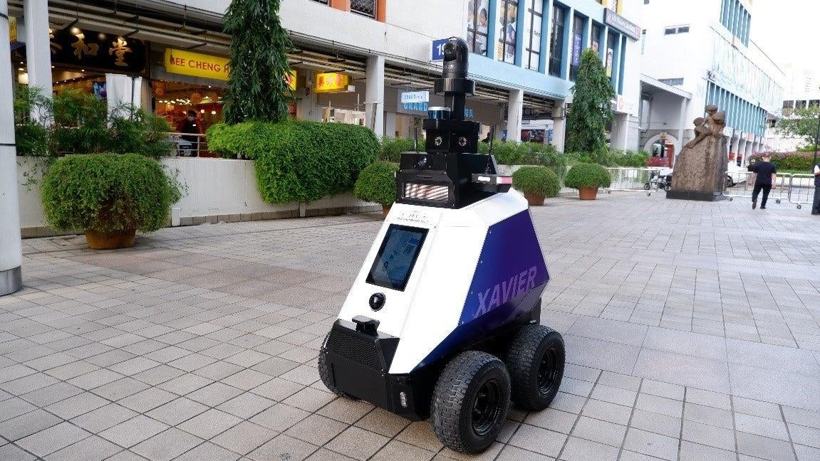 One of the two “Xavier” robots slated to patrol parks in Singapore, looking for smokers, motorcyclists on sidewalks, and people congregating in violation of pandemic rules.