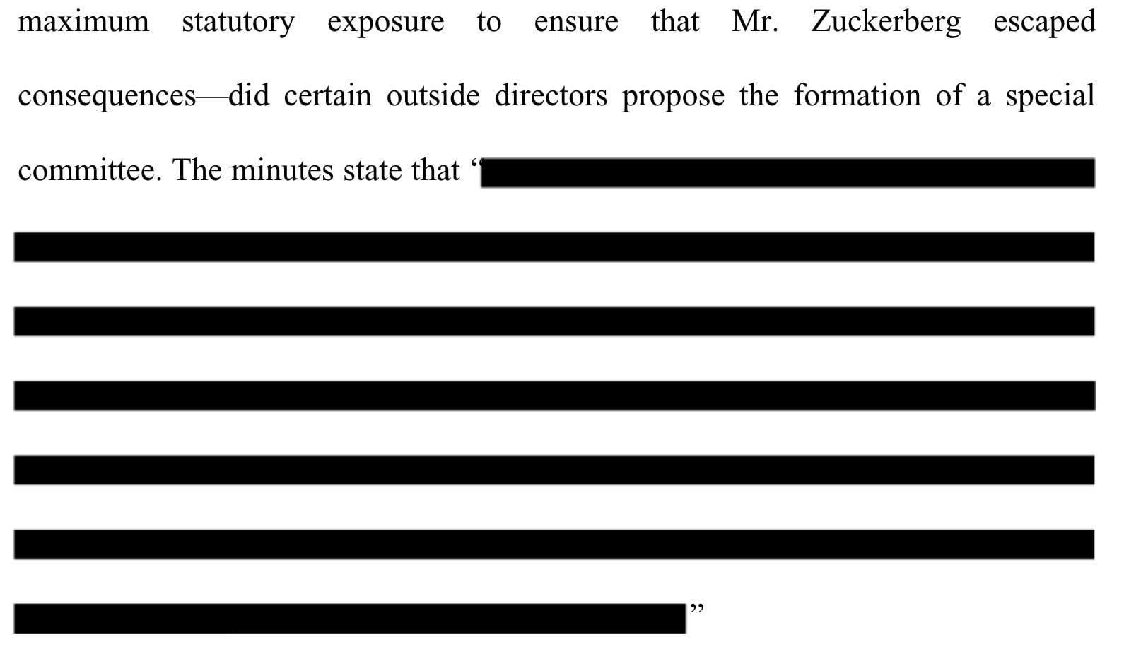 An example of the heavy redactions within the suits against Facebook, its executives, and board members.