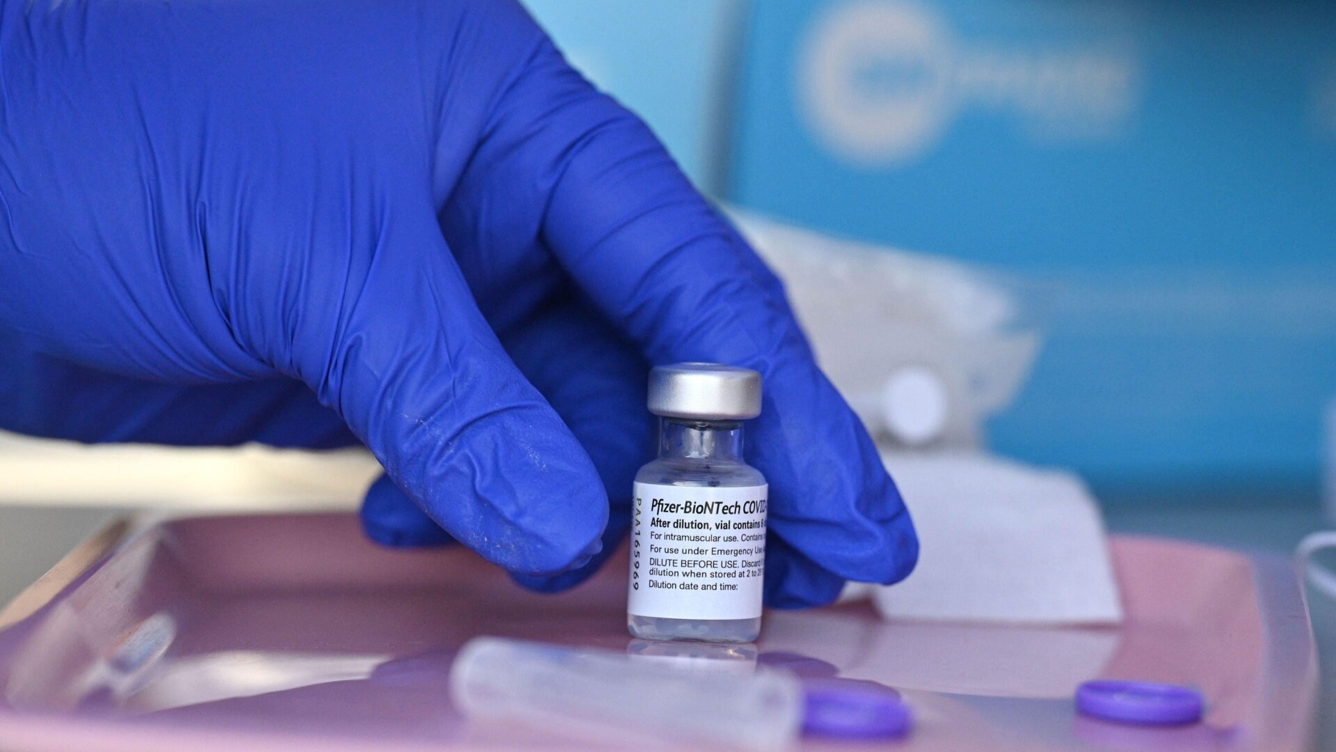 A vial of the Pfizer vaccine at a pop up vaccination center in Los Angeles’s Arleta neighborhood in August 2021.