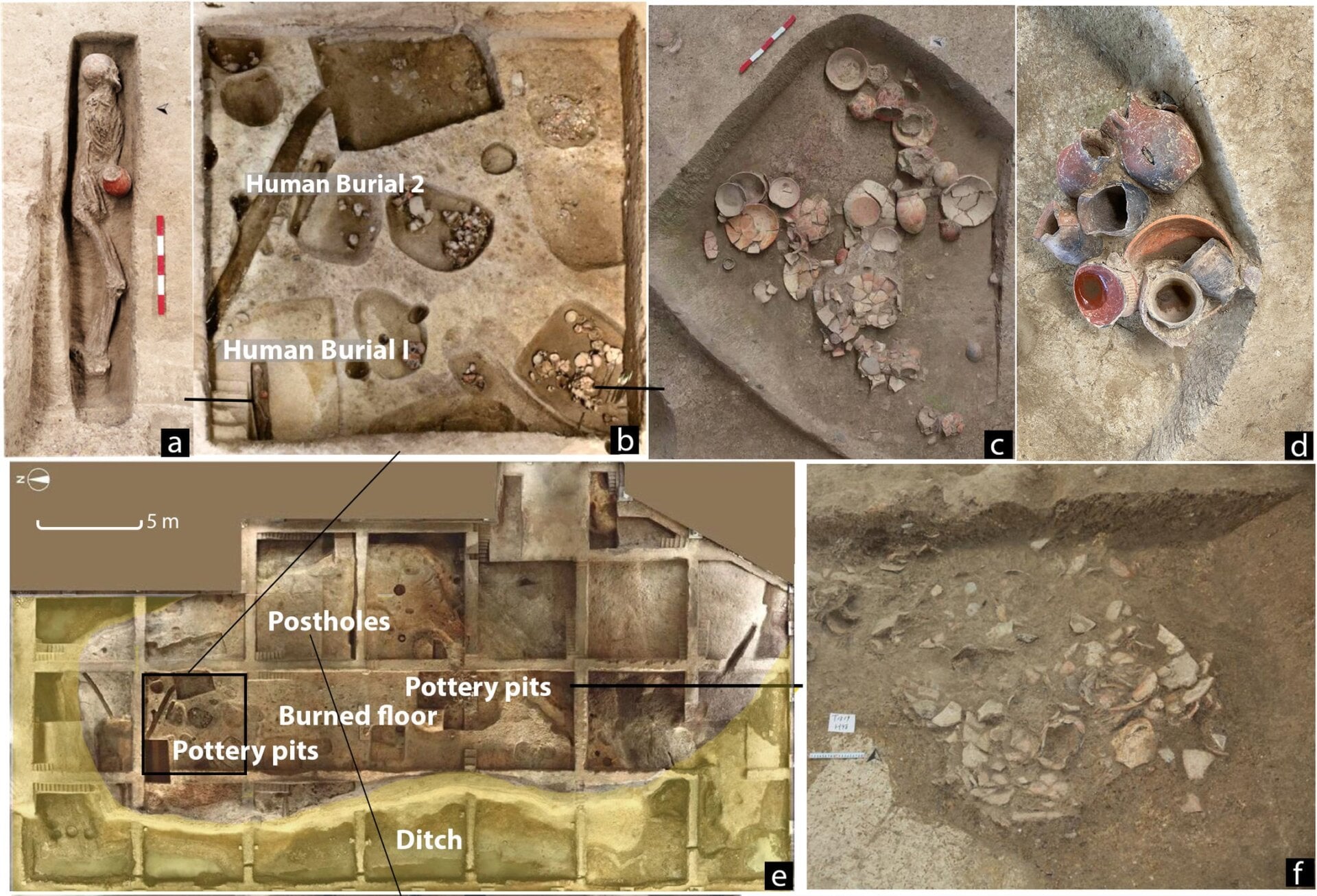 Images of the layout of Qiaotou, including the human burials, pottery pits, and the ditch that bordered the mound.